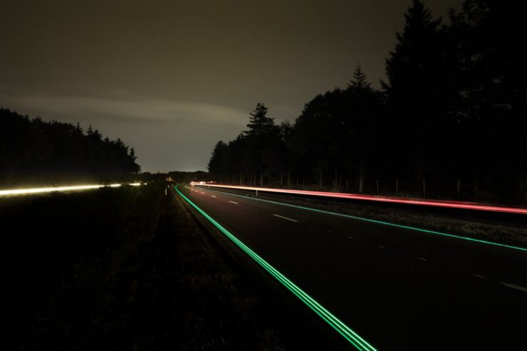 A motorway illuminated at night by solar power.